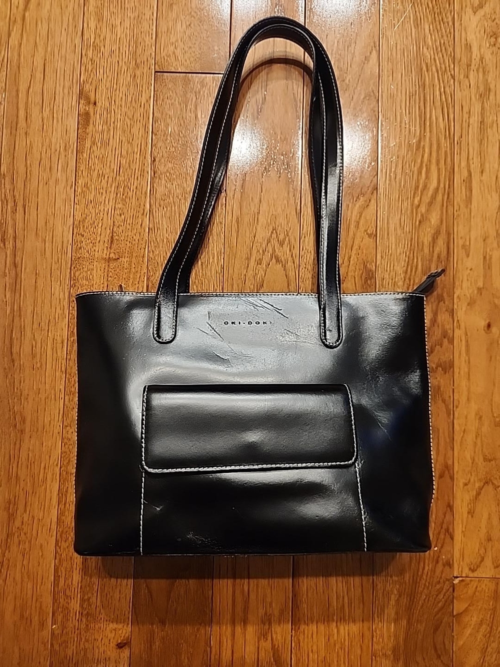 Oki-Doki Black Genuine Leather Shoulder Tote Bag Front Pocket